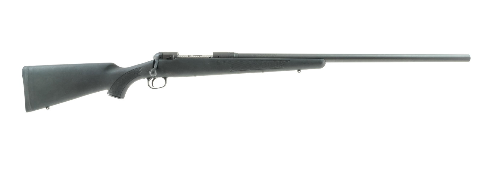 Savage 110 .338 Win Mag Bolt Action Rifle: Description Savage Model 110 in .338 Winchester Magnum with a two round internal magazine capacity and a 26" barrel. Rubber butt pad. Checkered composite stock and front foregrip. Blued bolt knob, rec