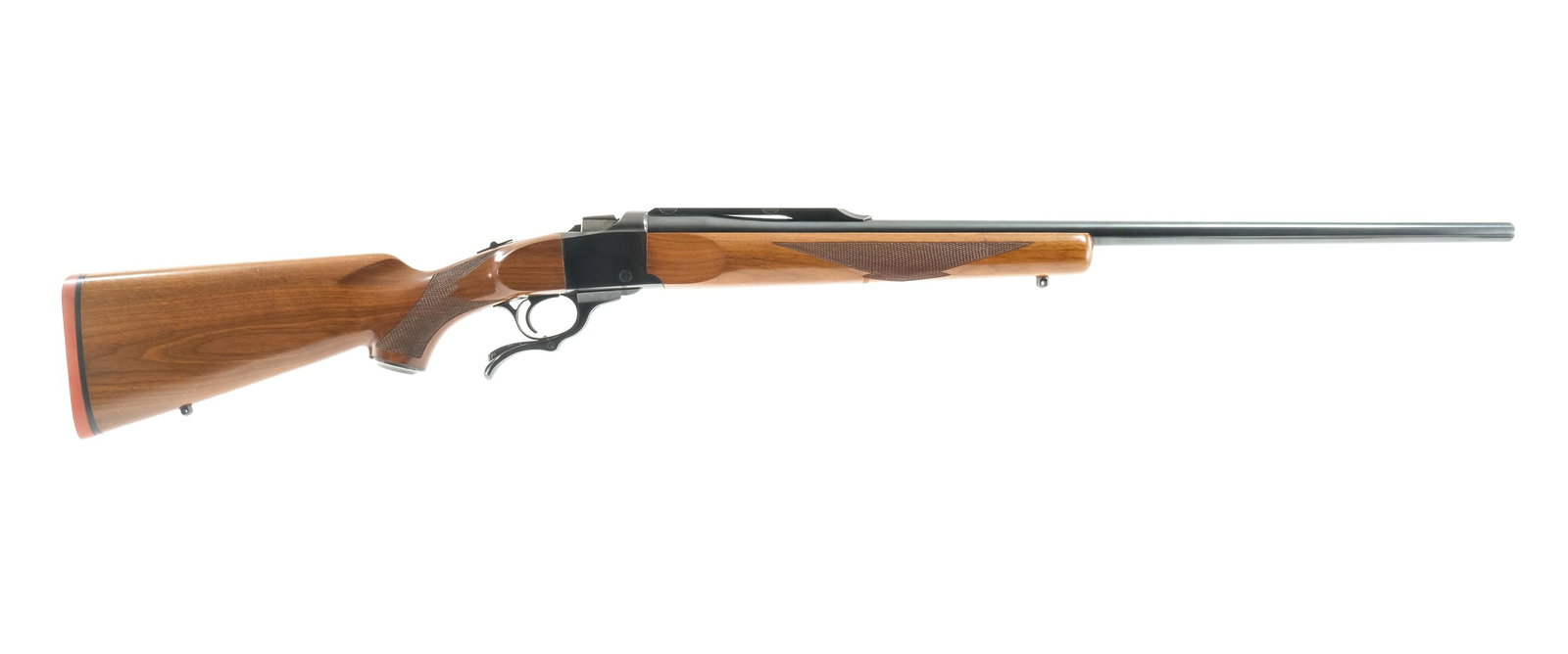 Ruger No. 1 6mm Rem Falling Block Rifle: Description Ruger No.1 in 6mm Remington with a single shot capacity and a 26" tapered barrel. Ruger rubber butt pad. Checkered wood stock and front foregrip. Blued falling block, hand lever, serrated 