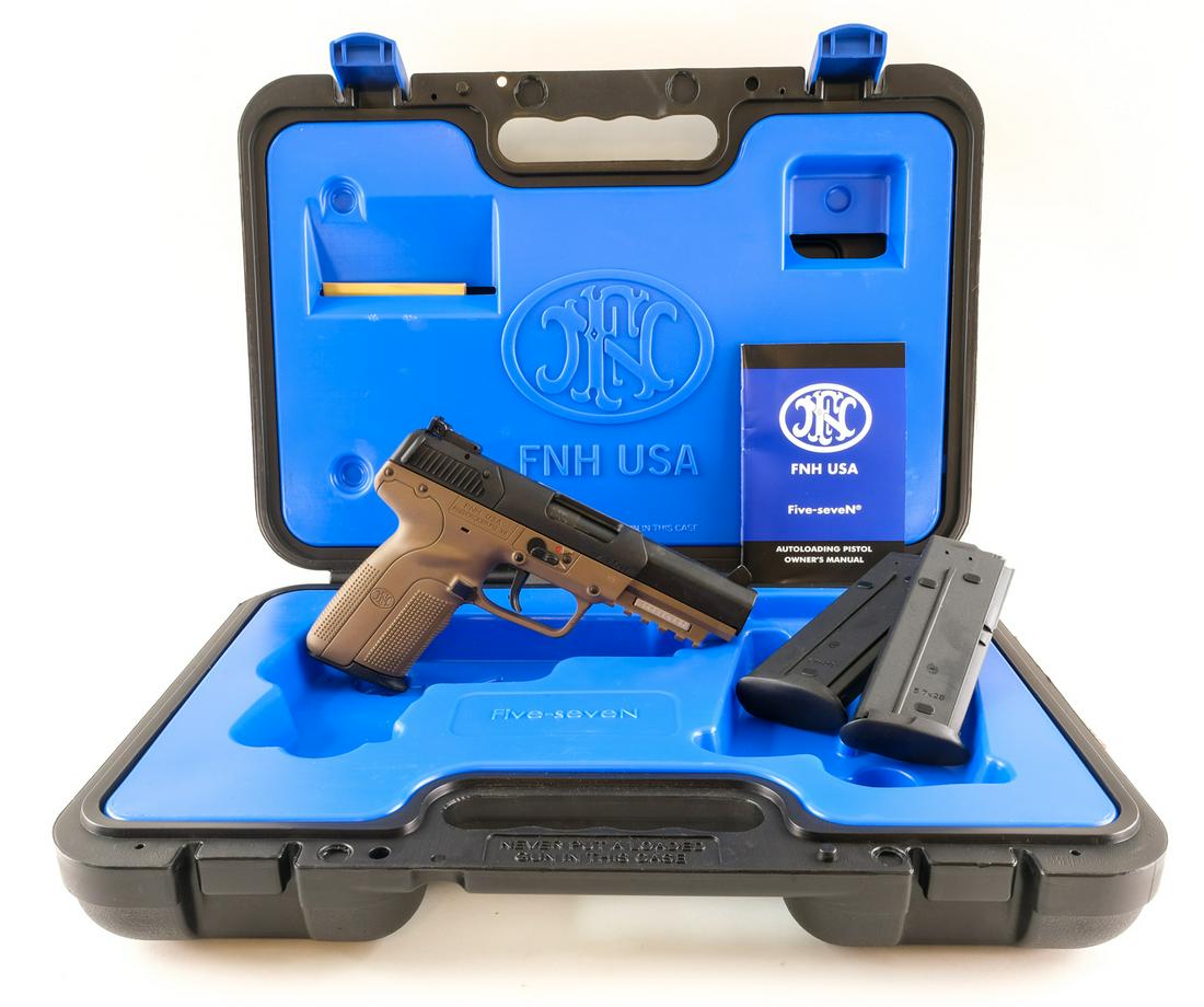 FN Five-Seven 5.7mm Semi-Auto Pistol: Description FN Model Five-Seven in 5.7x28mm with three, twenty round (High Capacity) removable magazines with a 5" chrome lined barrel. Olive Drab colored polymer frame with raised checkered grips. Bl
