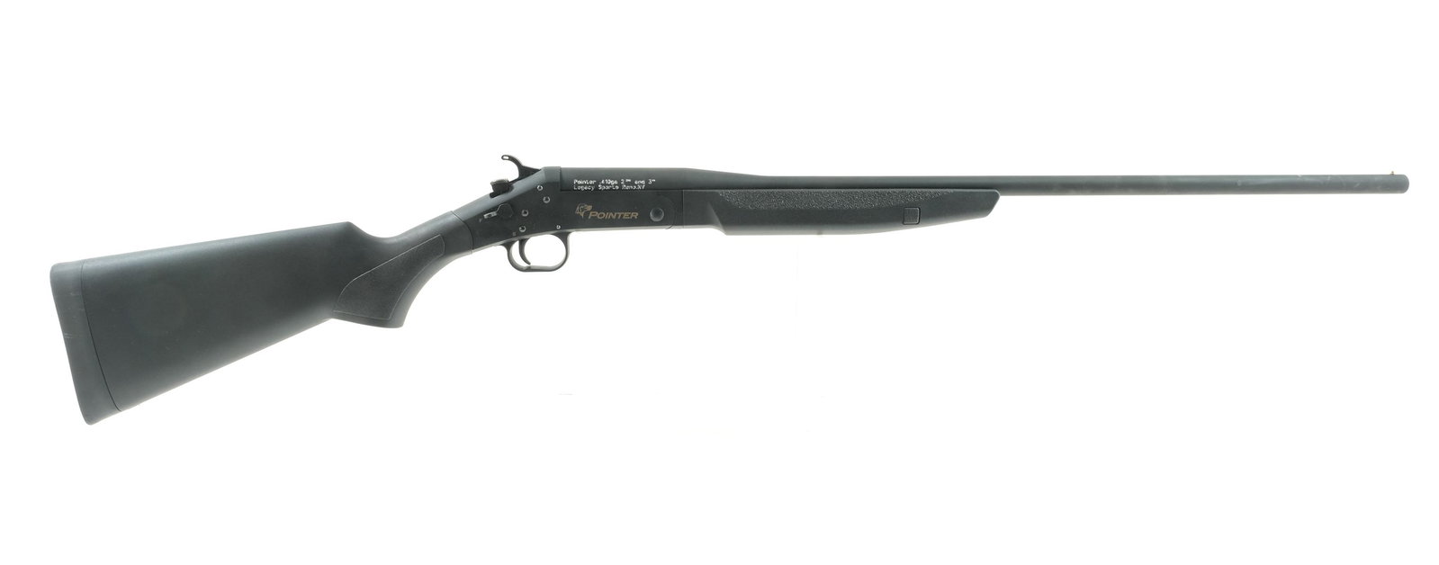 Armsan Legacy Pointer 410 GA Single Shotgun: Description Armsan Pointer in .410 gauge 2"-3" with a single shot capacity with a 26" barrel, fixed CYL choke. Made in Turkey and imported by Legacy Sports out of Reno Nevada. Rubber butt pad. Composi
