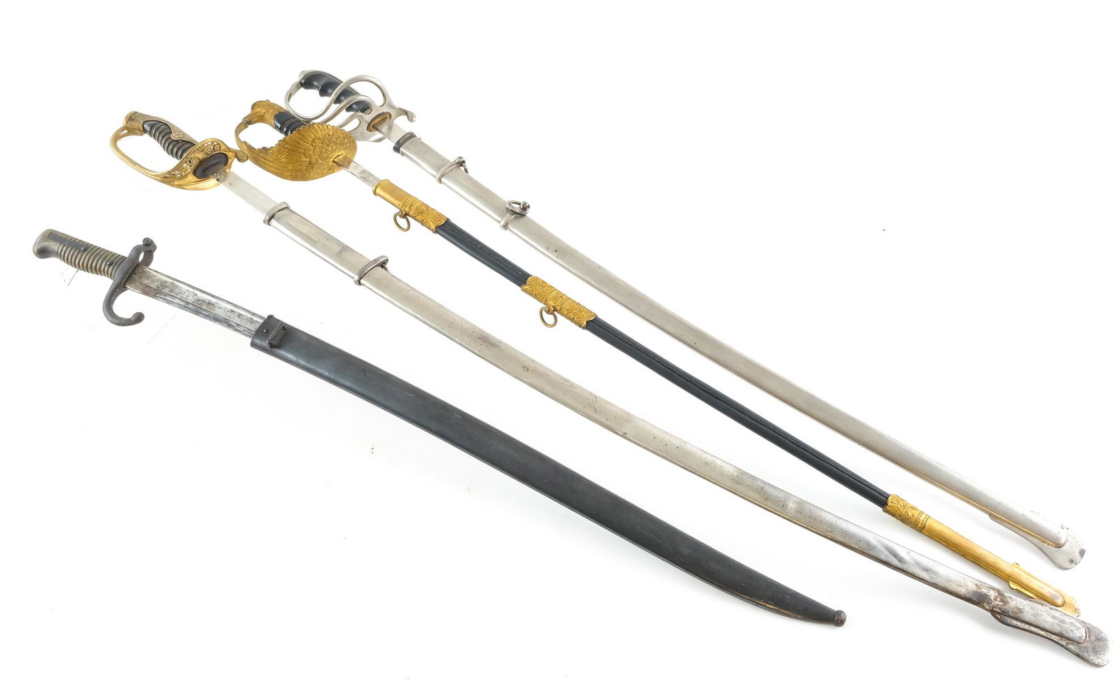 3 WWII Swords &1 Bayonet: Description All Original including an Italian Air Force Dress Sword With GIlt Mounts and etched blade, 36" overall and a 28" French 1874 Bayonet with Matching Scabbard (rust, use, etc), A US Model 190