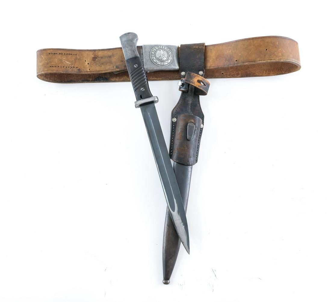 WWII German K98 Bayonet, Scabbard, Belt, Buckle: Description World War Two, Germany, Third Reich Leather Belt, Got Nit Uns Buckle, and Coppel Marked 1939 K98 Bayonet with mismatched scabbard. Bayonet and blade are VG+, leather and scabbard show wear