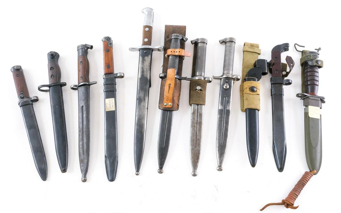 11 Military Bayonets WWII, US, Allied, Russia, etc: Description Includes Three Swedish M1896 Mauser Bayonets, One US Imperial M4 Bayonet Knife for M1 Carbine with M8 Scabbard, AK-47 Bayonet, British No ( Mk 1 Bayonet for Enfield Rifle, Italian WWII, Ru