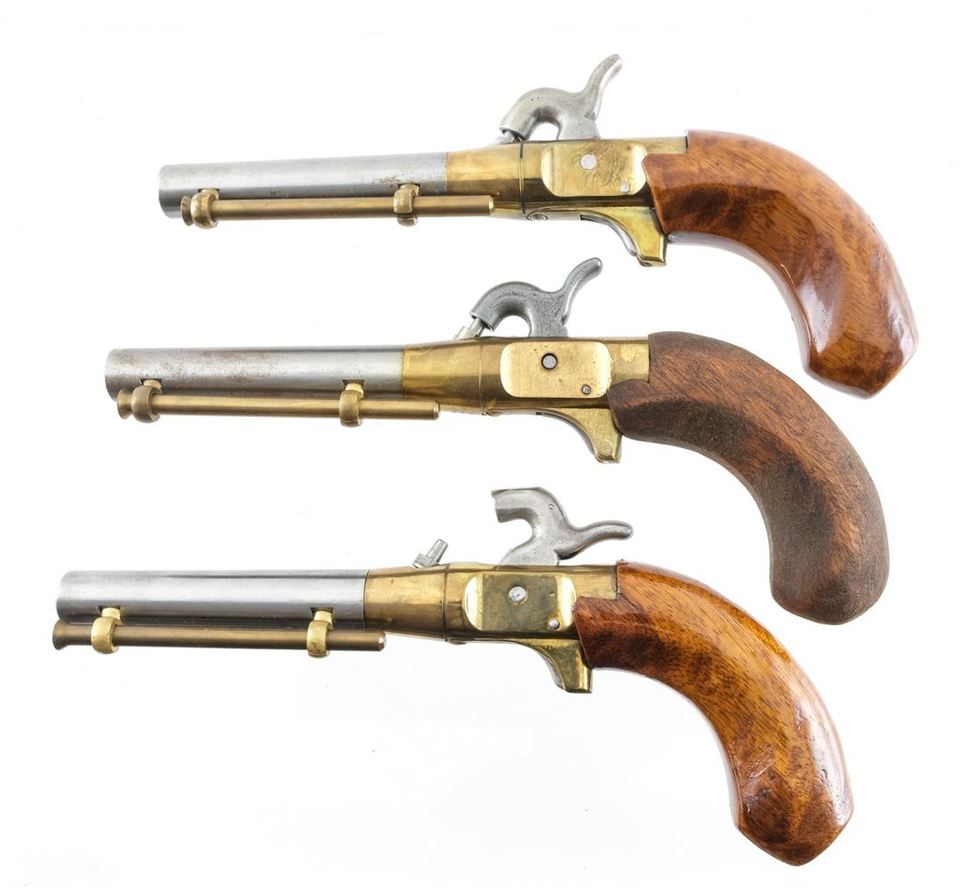 Boot Pistol Repro x3 Black Powder: Description This lot contains 3 boot pistols, recent manufacture. Brass frames, stainless steel barrels. Micrometer at muzzle reads approximately .44/.45. Grips are in various states of finish. Barrel