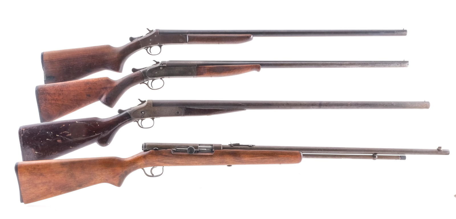 Iver Johnson H&R Stevens lot of 4 Shotguns Rifles: Description This lot is for four long guns. Three are single shot shotguns and one is a semi automatic rifle. The rifle is a Stevens Model 87B in .22 Short, Long and Long Rifle with a ten round tube m