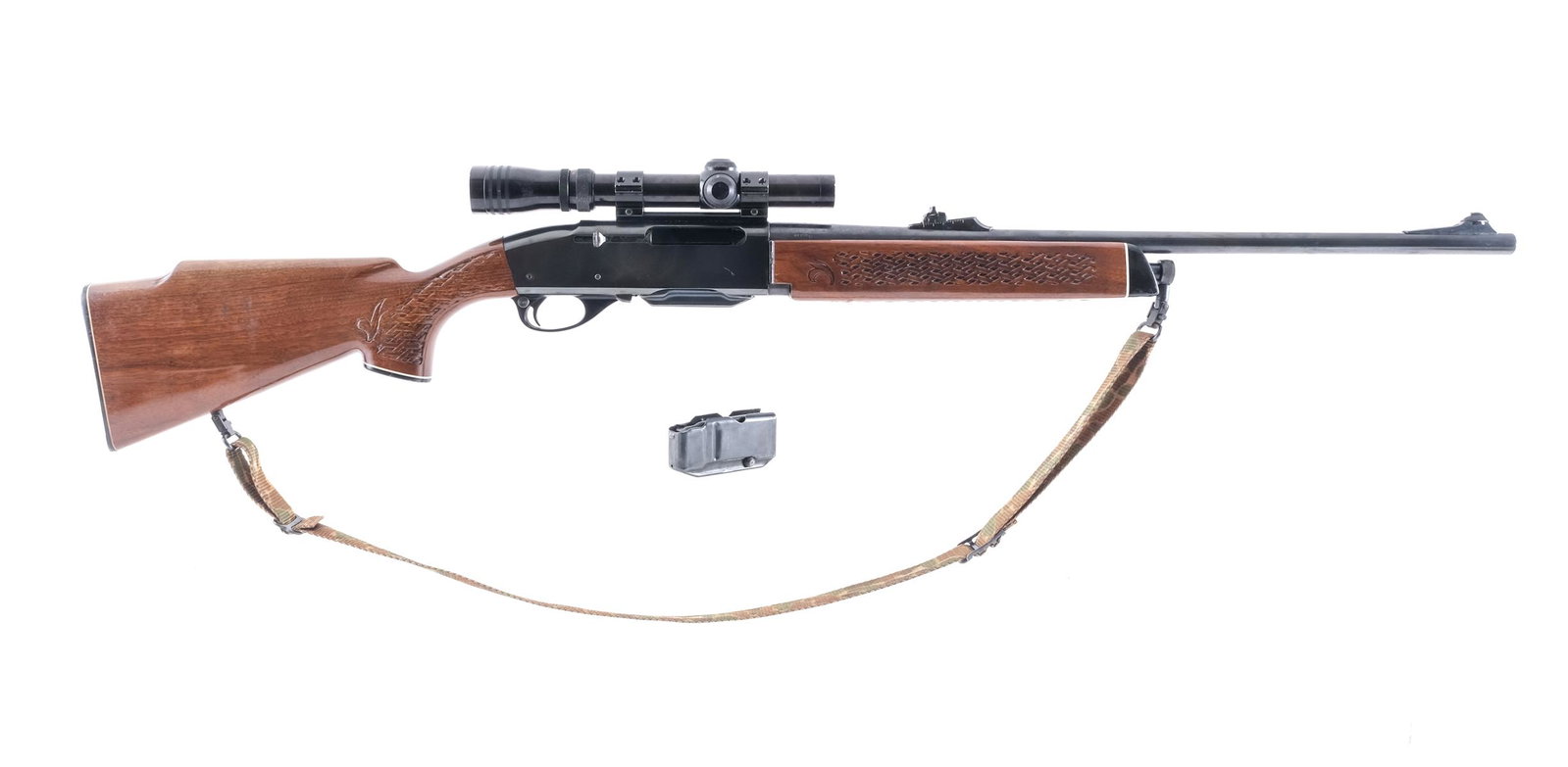Remington 742 Woodsmaster 308 WIN Semi Auto Rifle: Description Remington Model 742 Woods master in .308 WIN Winchester with two, four round removable magazines with a 22" barrel. Remington checkered composite butt plate. Premium checkered weave stock 