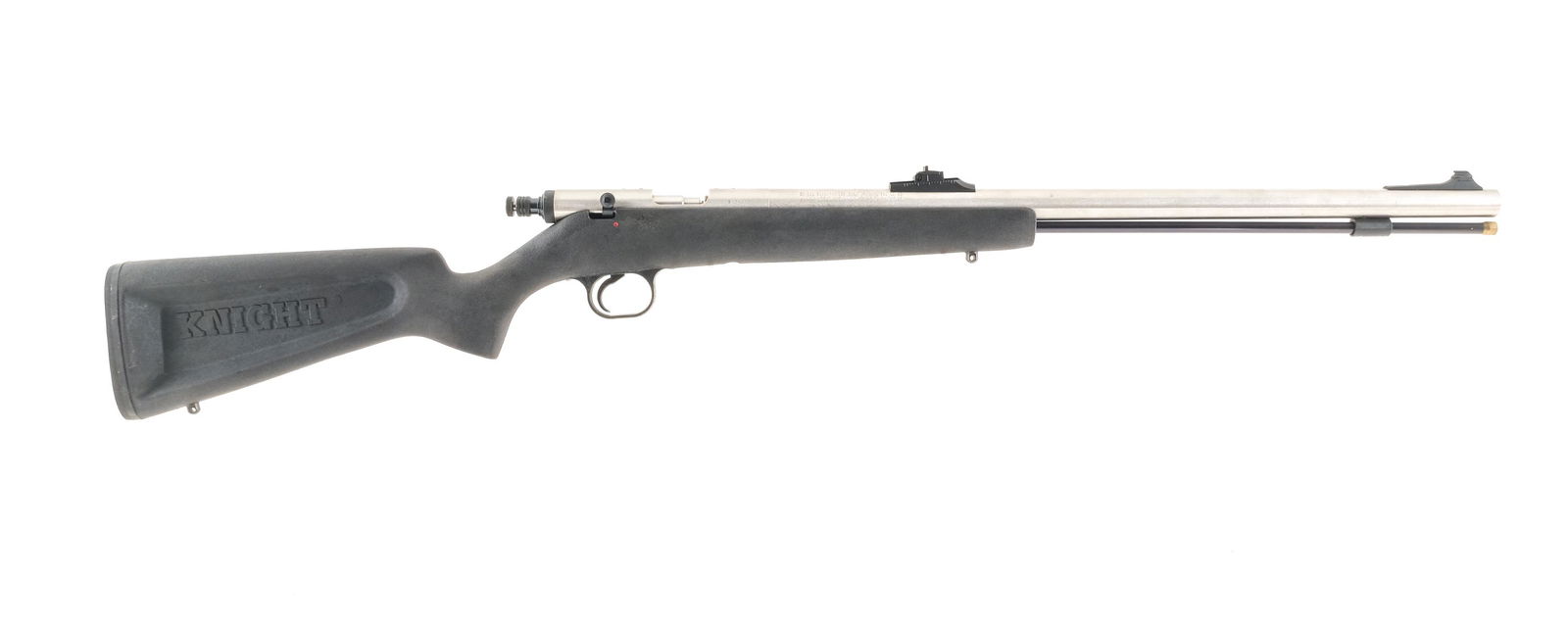 Knight LK 93 50 Cal BP Muzzle loader Rifle: Description Knight Model LK 93 in .50 caliber with a single shot capacity with a 22" barrel. Serrated rubber butt plate. Black composite stock and front foregrip. Blued serrated trigger, checkered coc