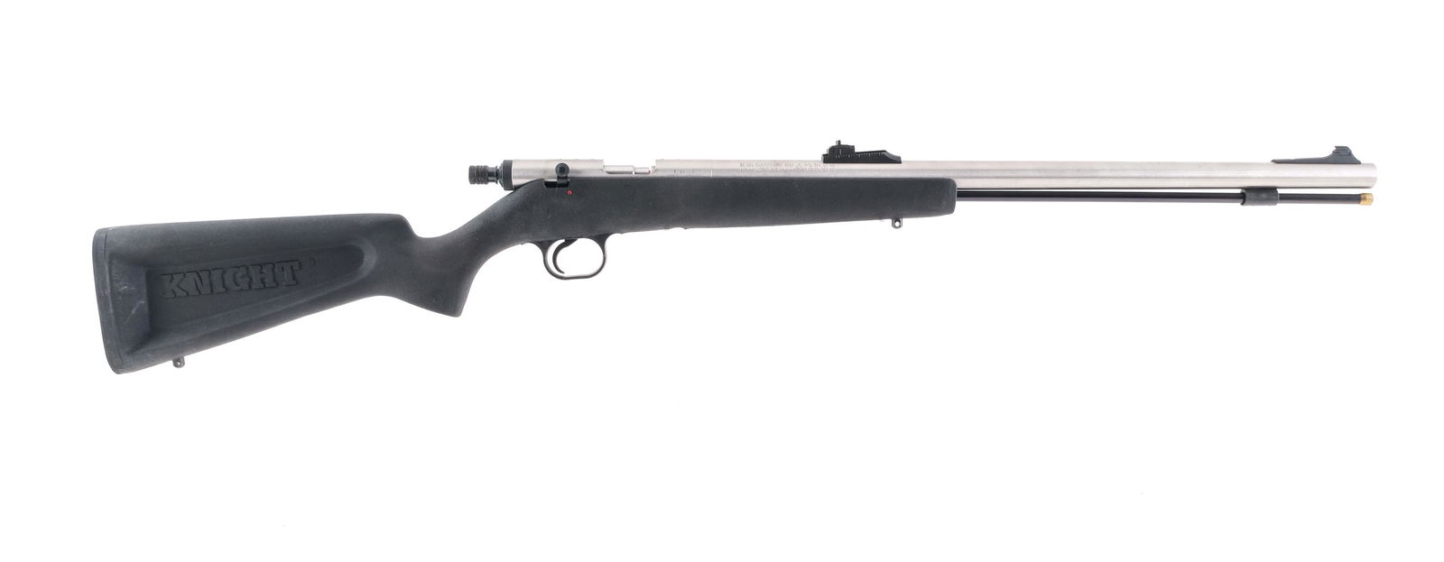 Knight LK 93 50 Cal BP Muzzle Loader Rifle: Description Knight Model LK 93 in .50 caliber with a single shot capacity with a 22" barrel. Serrated rubber butt plate. Black composite stock and front foregrip. Blued serrated trigger, checkered coc