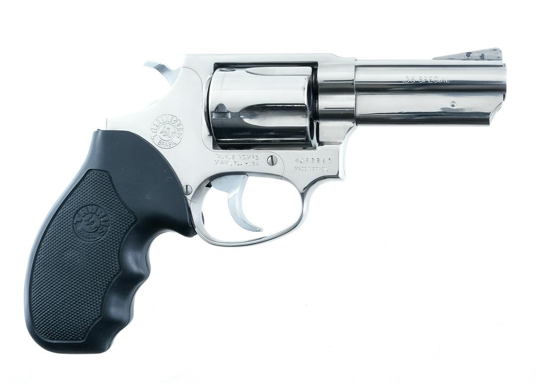 Taurus 85 38 Spl Revolver: Description Taurus Model 85 in .38 Special with a five round cylinder capacity with a 3" ported barrel. Made in Brazil. Taurus black rubber checkered grip plates. Polished stainless steel frame, cylin