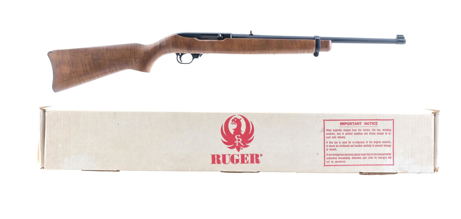 Ruger 10/22 .22 LR Semi Auto Rifle: Description Ruger 10/22 Carbine in .22 Long Rifle missing its rotary magazine, 18.5" barrel. Blued metal butt plate. Smooth wood stock and front foregrip. Black finished receiver, smooth trigger and g