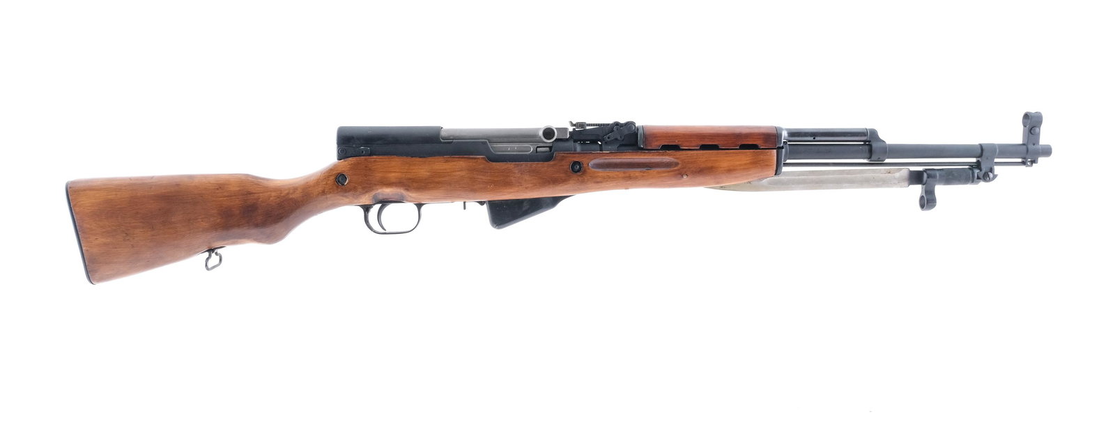 Russian SKS-45 Semi Auto Rifle 7.62x39: Description Russian manufactured model SKS-45 semi auto rifle chambered in 7.62x39. This forced numbers matching rifle features a 20" barrel with hooded front post and rear tangent sight, under foldin