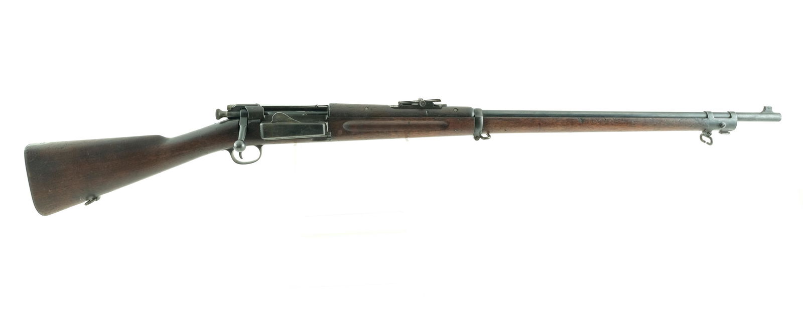 Springfield 1898 30-40 Krag Bolt Rifle: Description U.S. Springfield Armory 1898 Krag Rifle in .30-40 Krag (.30 Army) with a five round internal rotary magazine capacity and a 30" barrel. Metal butt plate with cleaning rod door with rod ins