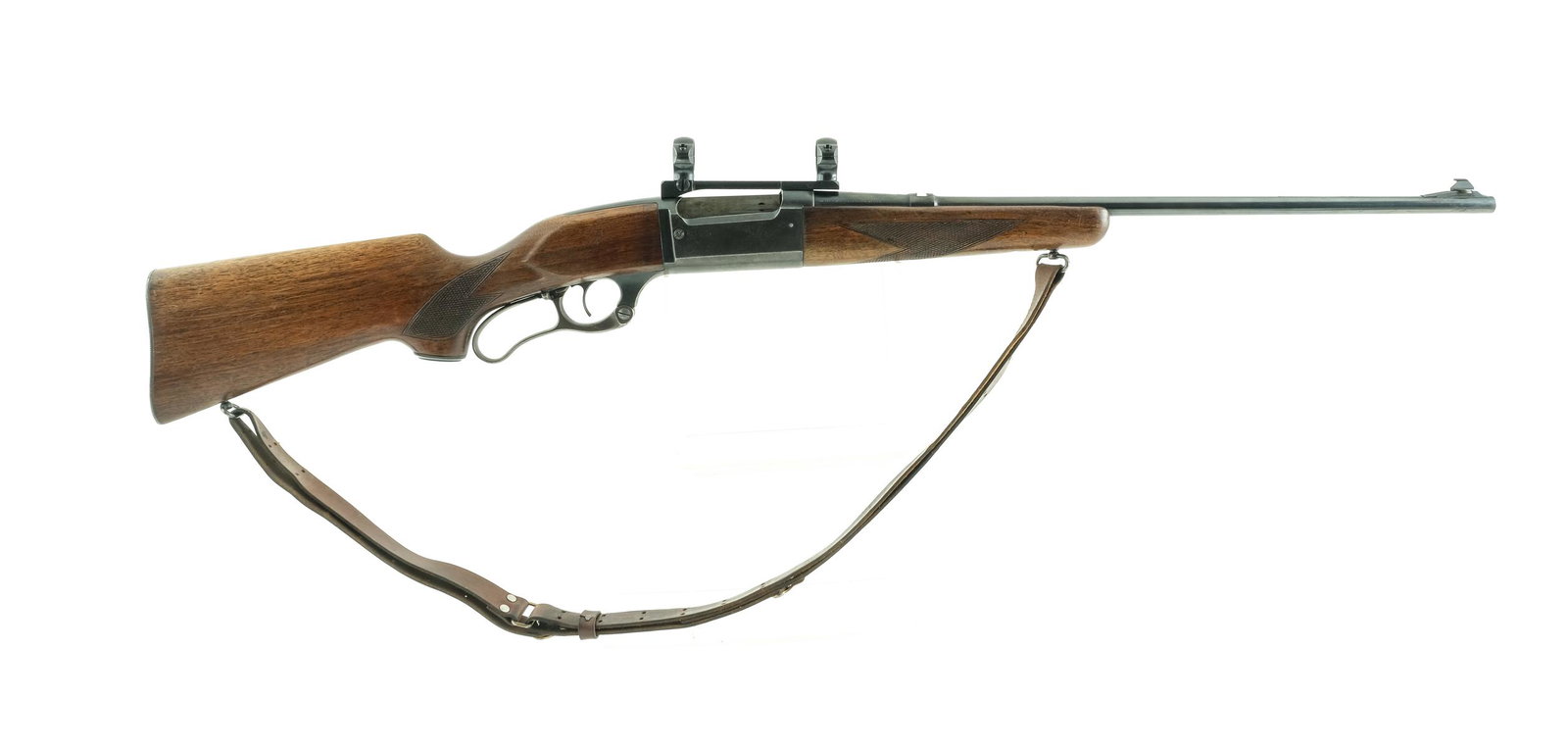 Savage 99 .243 Win Lever Action Rifle: Description Savage Model 99 in .243 Winchester with a five round internal rotary magazine capacity and a 22" barrel. Serrated metal butt plate. Checkered wood stock and front foregrip. Blued hand leve