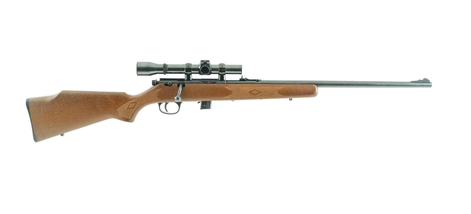Marlin 25N .22LR Bolt Action Rifle: Description Marlin model 25 N .22 LR bolt action rifle with Weaver scope. 22" blued barrel with ramped front blade sight. Weaver K2.5-1 vintage scope. Hardwood stock with diamond checkering on forend 