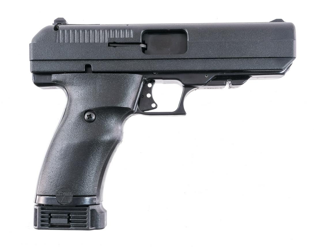 Hi Point JHP .45ACP Semi Auto Pistol: Description Hi-Point Model JHP in .45 ACP with one, nine round removable magazine with a 4.5" barrel. Black composite grip plates. Black composite frame, trigger and guard. Black textured finish on a 
