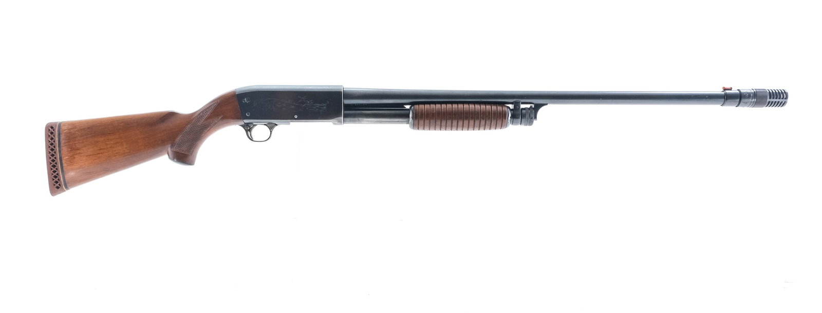 Ithaca 37 Featherlight 12ga Pump Shotgun: Description Ithaca Model 37 Featherlight in 12 ga 2 3/4" with a four round capacity and a 26" barrel with a Poly Choke selectable choke. Rubber Pachmayr butt pad. Solid wood checkered butt stock and s
