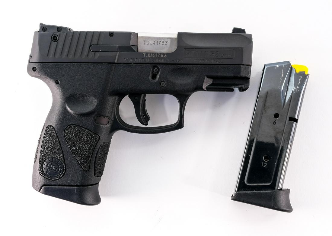 Taurus PT111 Millennium G2 9mm Pistol: Description Taurus PT111 Millennium G2 in 9mm with two, twelve round removable magazines and a 3" barrel. Composite grip and frame. Left side frame safety switch and trigger safety. White 3-dot sights