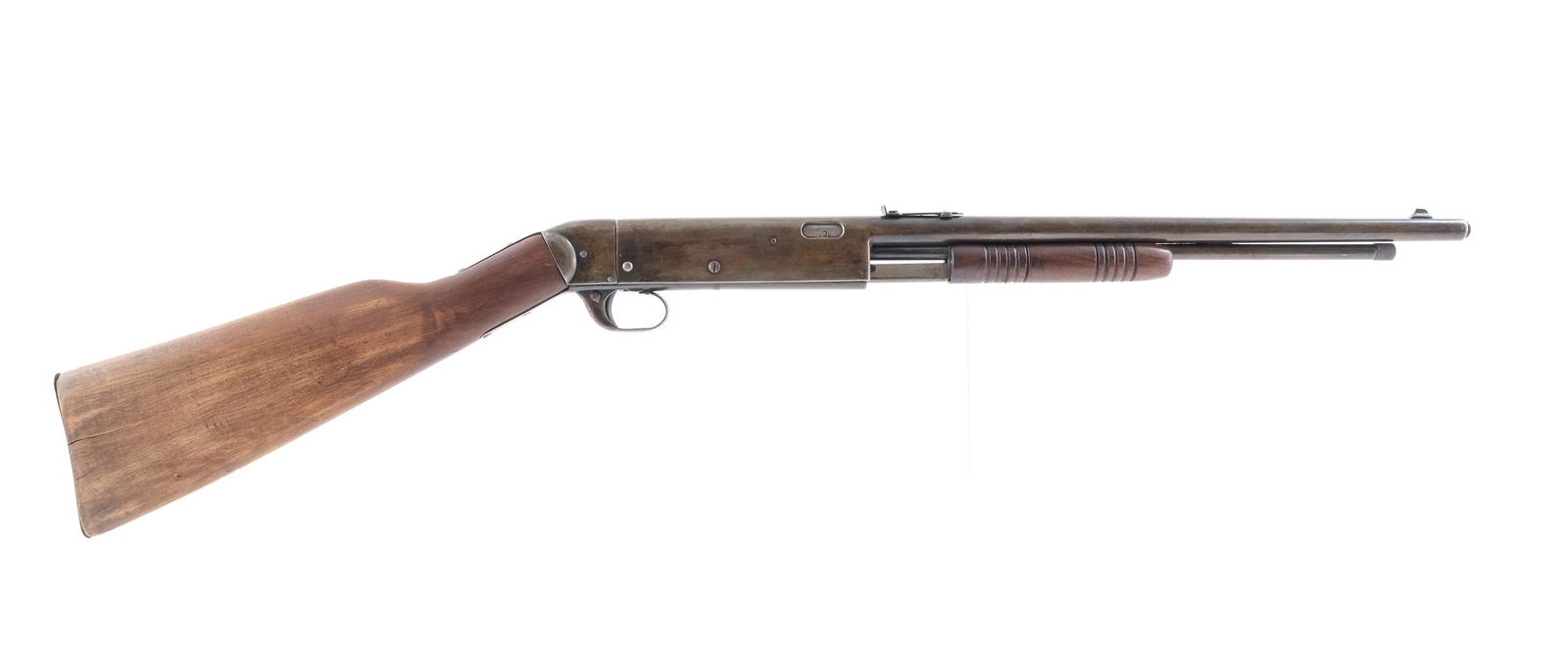 Hamilton No.39 22 Short Pump Action Rifle: Description C.J. Hamilton Model No. 39 in .22 Short with a fifteen round internal magazine tube capacity with a 16" barrel. Metal butt plate. Smooth wood stock and serrated front foregrip. Stamped met