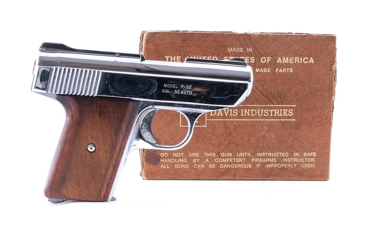Davis Industries P32 .32ACP Semi Auto Pistol: Description Davis Industries model P-32 in .32 ACP with one, six round removable magazine and a 2 3/4" barrel. Smooth wood grip plates. Polished nickel frame and serrated slide. Smooth solid trigger. 