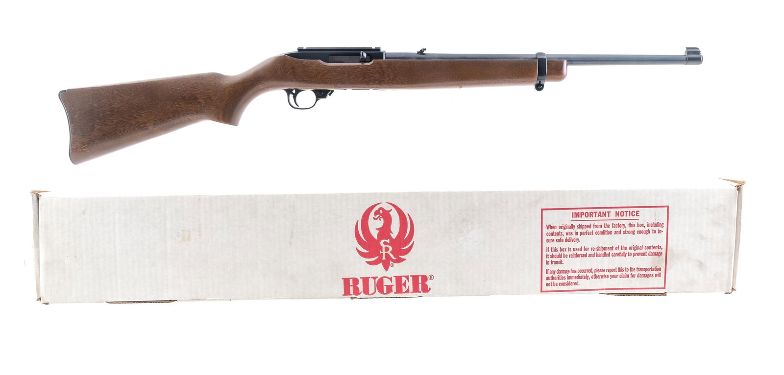 Ruger 10/22 Carbine .22LR Semi Auto Rifle: Description Ruger 10/22 Carbine in .22 Long Rifle with one, ten round removable rotary magazine and a 18.5" barrel. Blued smooth metal butt plate. Smooth wood stock and front foregrip. Blued receiver,
