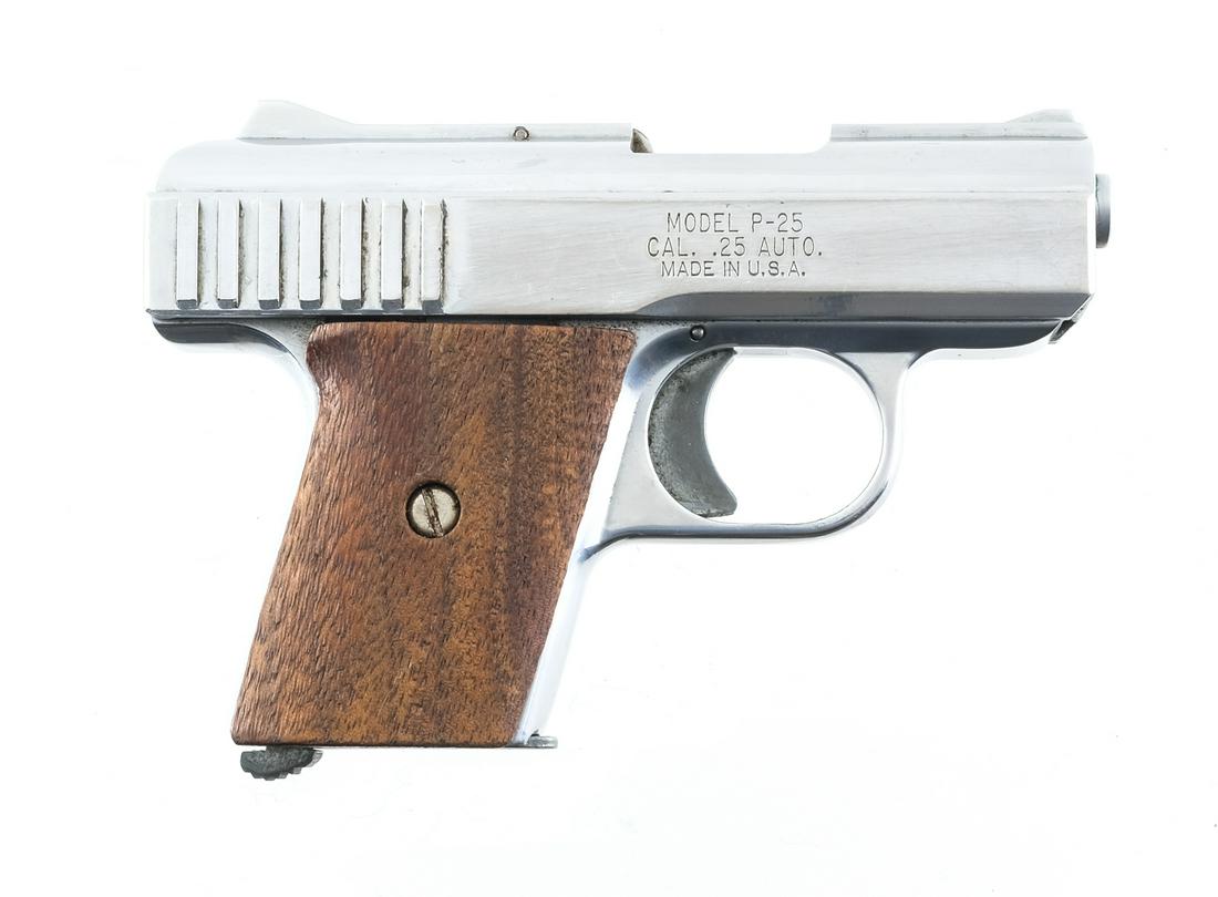 Raven P25 .25ACP Semi Auto Pistol: Description Raven Arms Model P-25 in .25 ACP (6.35mm) with one, six round removable magazine with a 2.5" barrel. Smooth wood grip plates. High polished plated finish on metal frame and serrated slide.