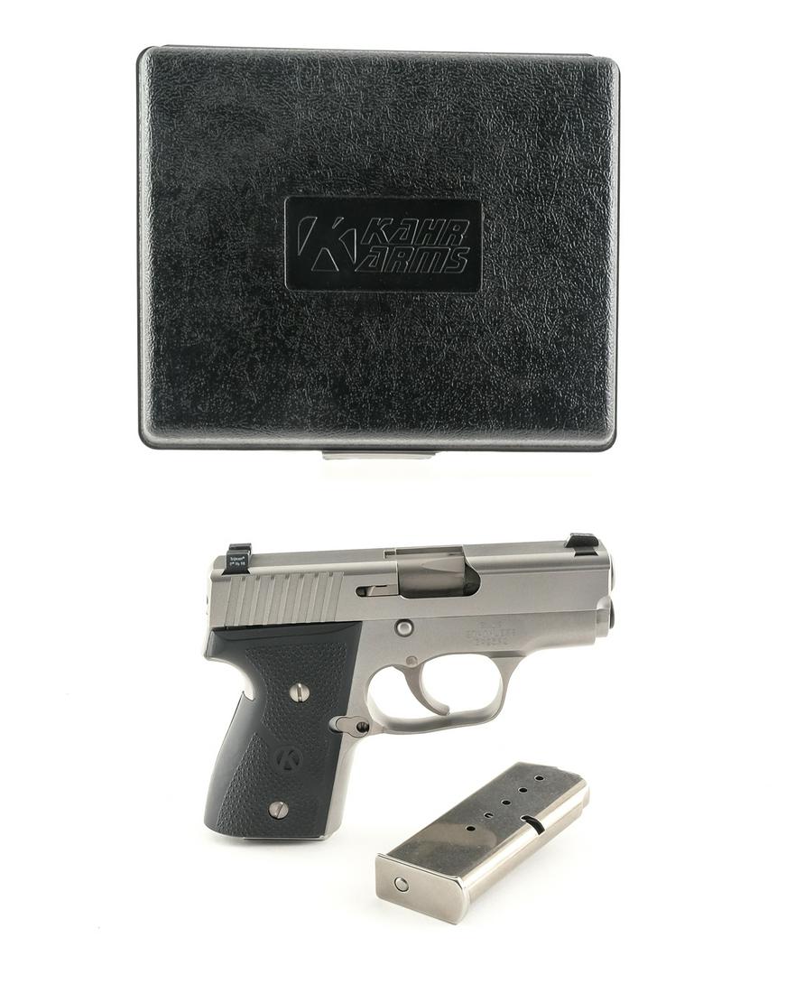 Kahr MK9 9mm Semi Auto Pistol: Description Kahr Model MK9 in 9mm with two, six round removable magazines and a 3" barrel. Black dimpled rubber grip plates. Matte stainless steel frame, smooth trigger and serrated slide. Left side o