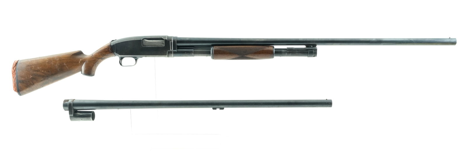 Savage 1921 12ga Pump Shotgun: Description Classic pump shotgun by Savage, Model 1921 in 12ga with two barrels. First barrel is a 32" plain barrel with a full choke, brass bead front sight. second barrels is a 28" plain barrel full