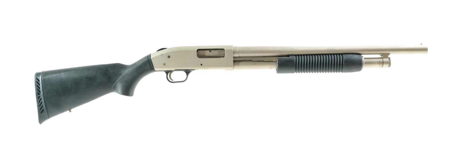 Mossberg 500 12 Ga Pump Shotgun: Description Mossberg 500A in 12 gauge 2 3/4"-3" with a four round internal magazine tube capacity with a 18.5" CYL Bore barrel. Black serrated rubber butt pad. Black textured composite stock and serra