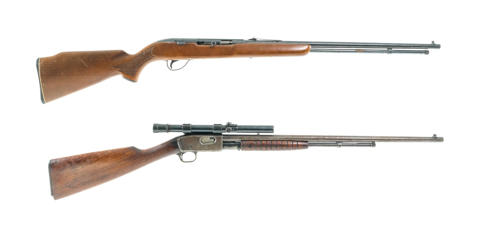 Remington JC Higgins 22 Cal Semi Auto Rifles: Description This lot is for two rifles in .22 caliber. The first is a Remington pump action in .22 Short, Long and Long Rifle with a ten round tube magazine capacity and a 22" barrel. Checkered compos