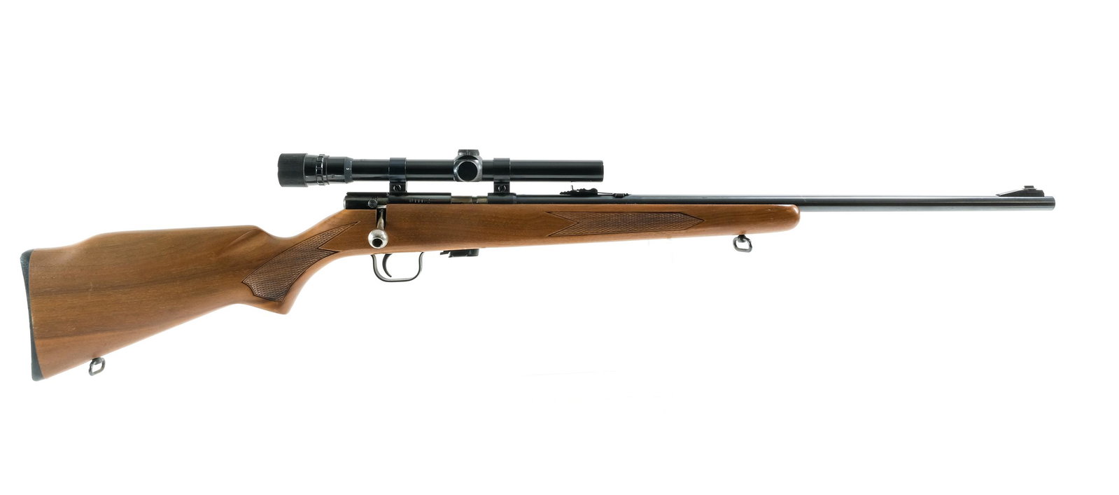 Winchester 320 22 Cal Bolt Action Rifle: Description Winchester Model 320 in .22 Short, Long and Long Rifle with one, five round removable magazine and a 22" barrel. Serrated composite butt plate. Checkered wood stock and front forend. Blued