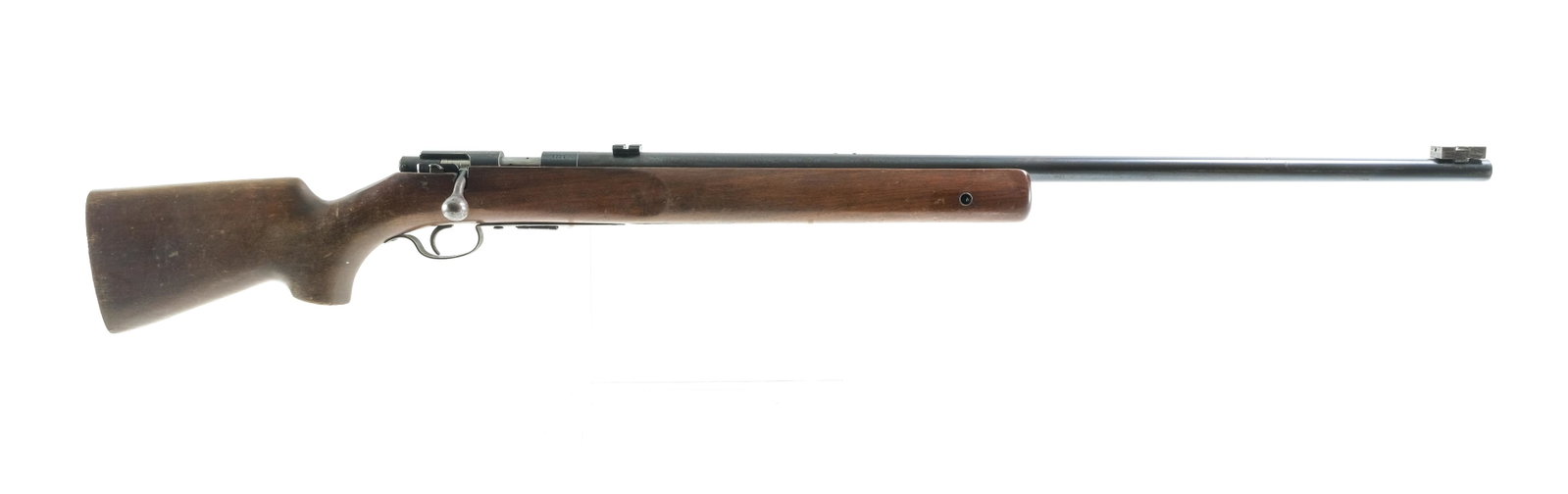 Winchester 75 .22 LR Bolt Action Rifle: Description Winchester Model 75 in .22 Long Rifle with one, five round removable magazine with a 28" barrel. Missing its butt plate. Smooth wood stock and front forend. Blued guard, smooth trigger, re