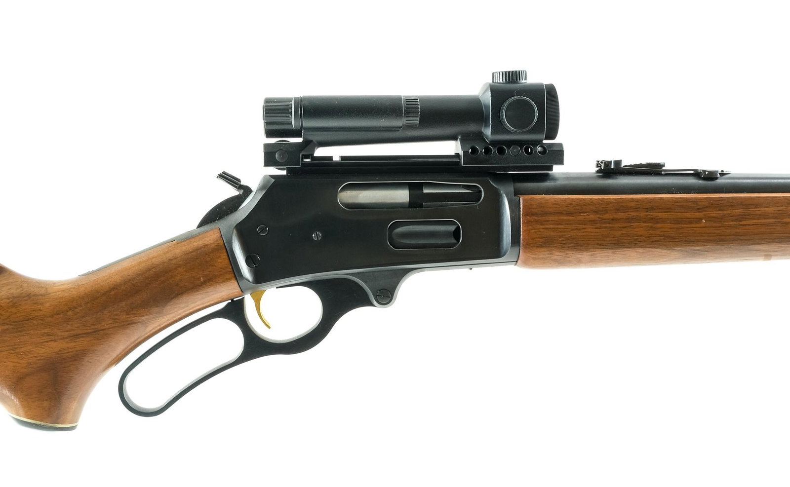 Marlin 336 .35 Rem Lever Action Rifle: Description Marlin 336 in .35 Remington with a six round internal magazine tube capacity with a 20" barrel. Marlin checkered composite butt plate. Smooth wood stock and front foregrip. Blued hand leve