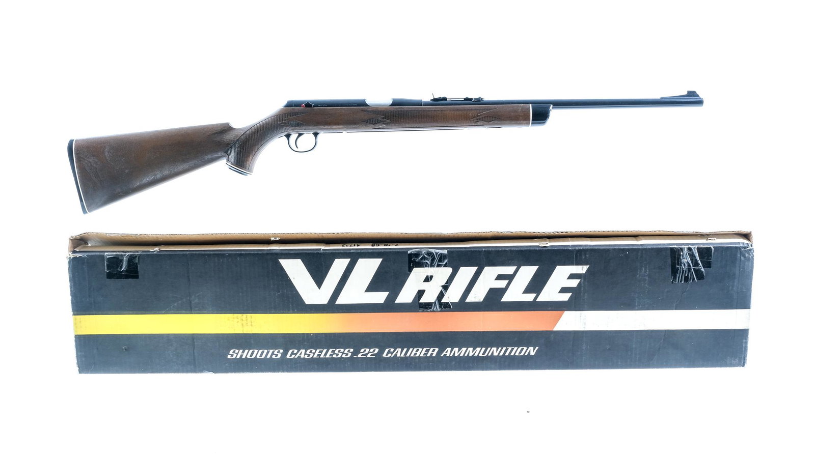 Daisy VL-22 .22 Caseless Ammo Rifle: Description Daisy Model VL-22 in .22 caliber caseless ammunition with a single round capacity with a 18" barrel. Black serrated composite butt plate. Checkered brown composite stock and front forend. 