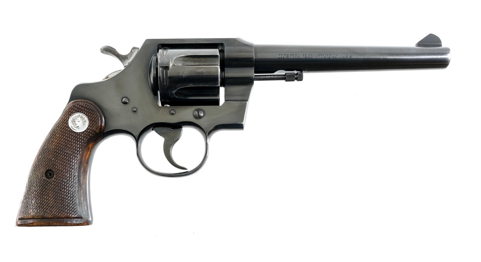 Colt Police Positive 38 Spl DA Revolver: Description Colt Official Police in .38 Special with a six round cylinder capacity and a 6" barrel. Colt checkered wood grip plates. Blued serrated trigger, frame, cylinder and barrel. Left side of fr