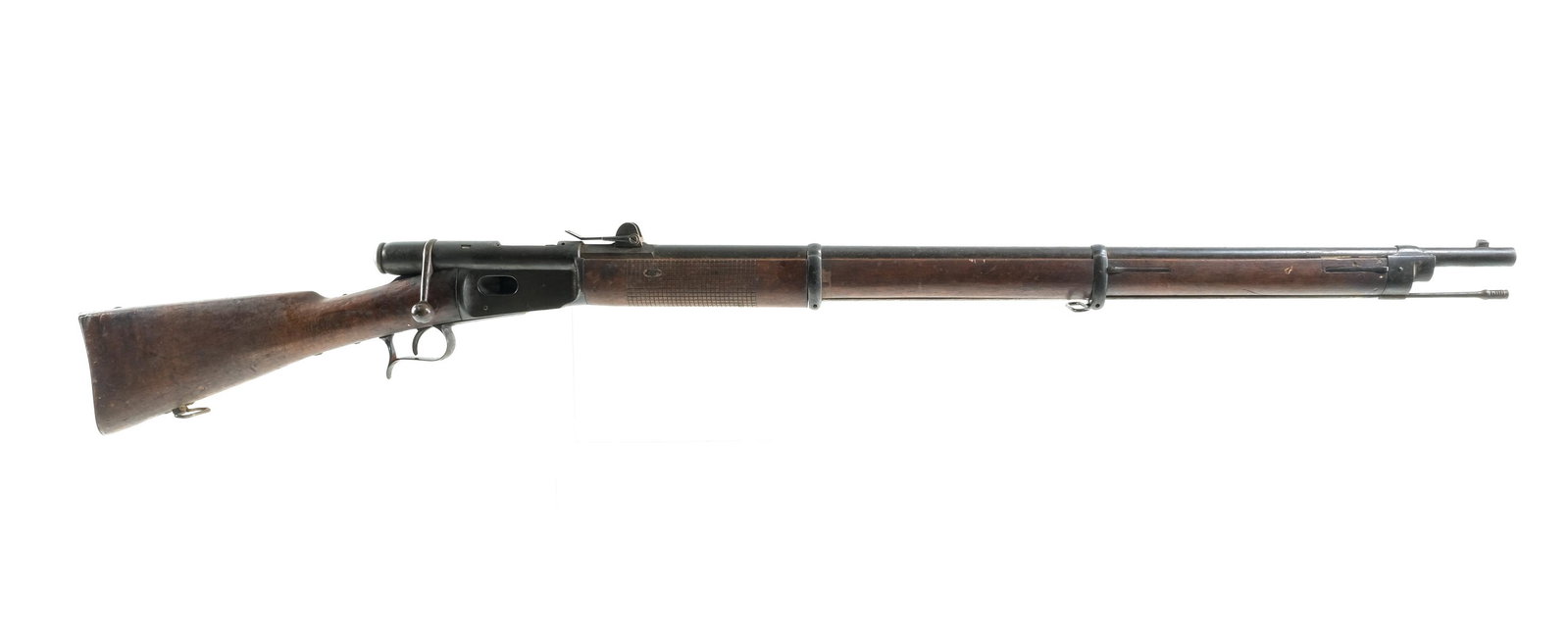 Vetterli 1869/71 10.4x38mm Bolt Action Rifle: Description Vetterli Model 1869/71 in 10.4x38mm with a eleven round internal magazine tube capacity and a 32" barrel. Metal butt plate. Smooth wood stock and checkered front forend. Blued guard, smoot