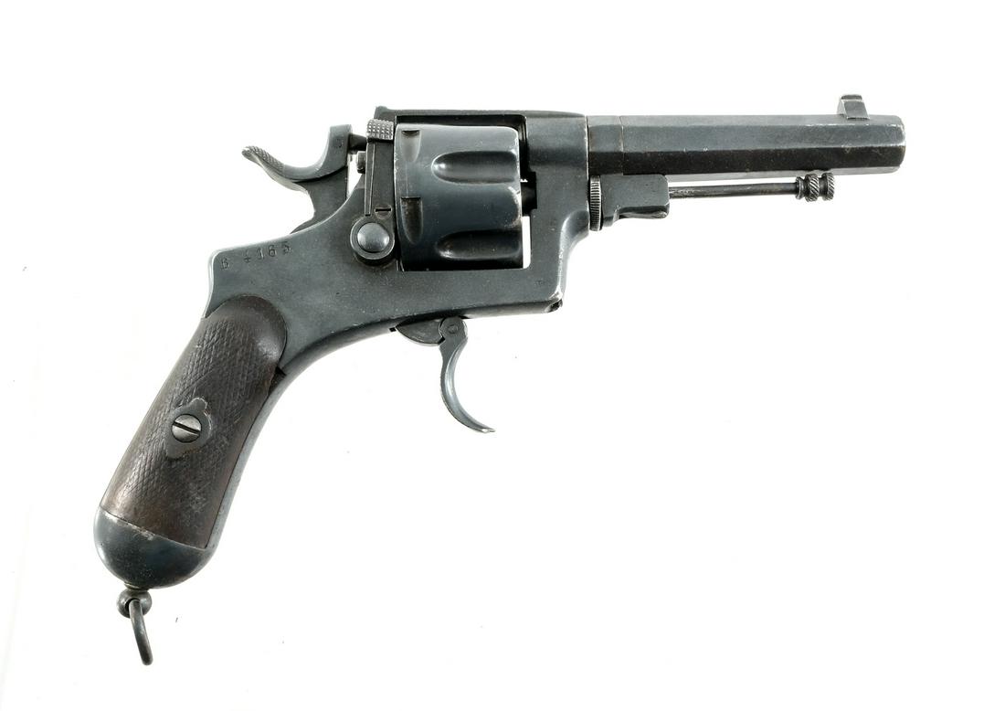 Glisenti Brescia Bodeo 1889 10.35mm Revolver: Description Glisenti Brescia Bodeo Model 1889 in 10.35mm with a six round cylinder capacity and a 4.5" barrel. Checkered wood grip plates. Blued frame, cylinder, smooth trigger, checkered hammer and b