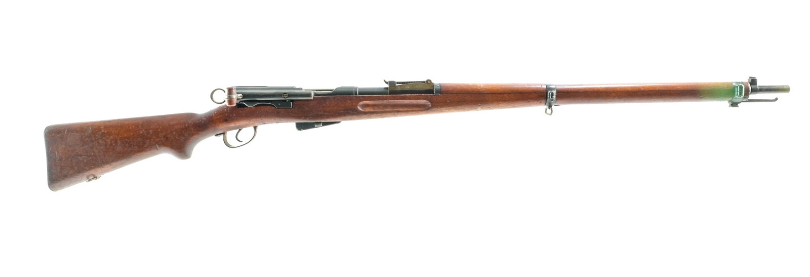 Swiss 1911 7.5x55mm Bolt Action Rifle: Description Swiss Schmitd-Rubin Model 1911 K11 in 7.5x55 mm with one, six round removable magazine and a 30" barrel. Metal butt plate. Smooth wood stock and front forend. Blued guard, smooth trigger, 