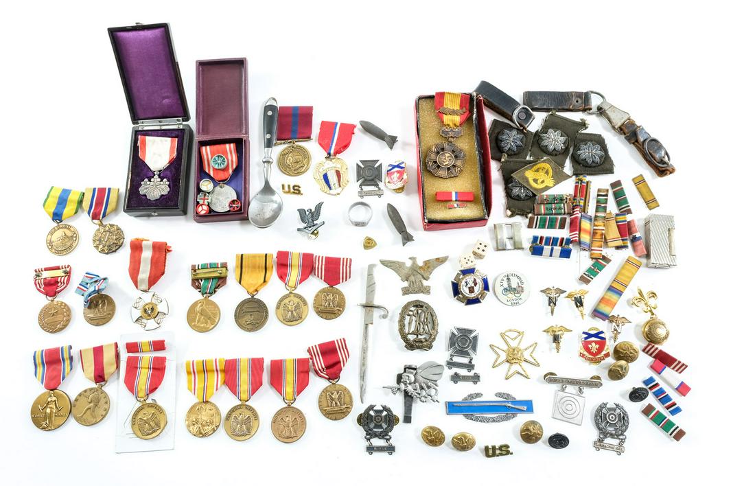 Estate Mixed Military Medals, Ribbons, and smalls: Description Excellent Selection of Mixed era and mixed country Medals, Ribbons, Buttons, Pins, Badges, awards, uniform items, pins, bars, jewelry, etc. Includes Japanese, United States, WWII, Bayonet 