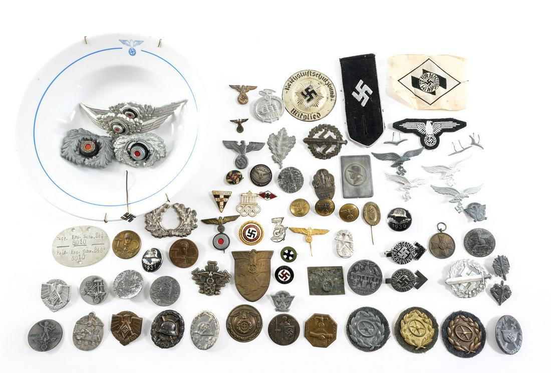 WWII Third Reich German Pins, Tinnies, and Badges: Description Fresh to Market Collection of German WWII Pins, Tin pins, hat badges, buttons, and assorted uniform items. Enamel pins, Oak Leaves, Dog Tag, and more. Navy, Army, Labor, and more. over 75