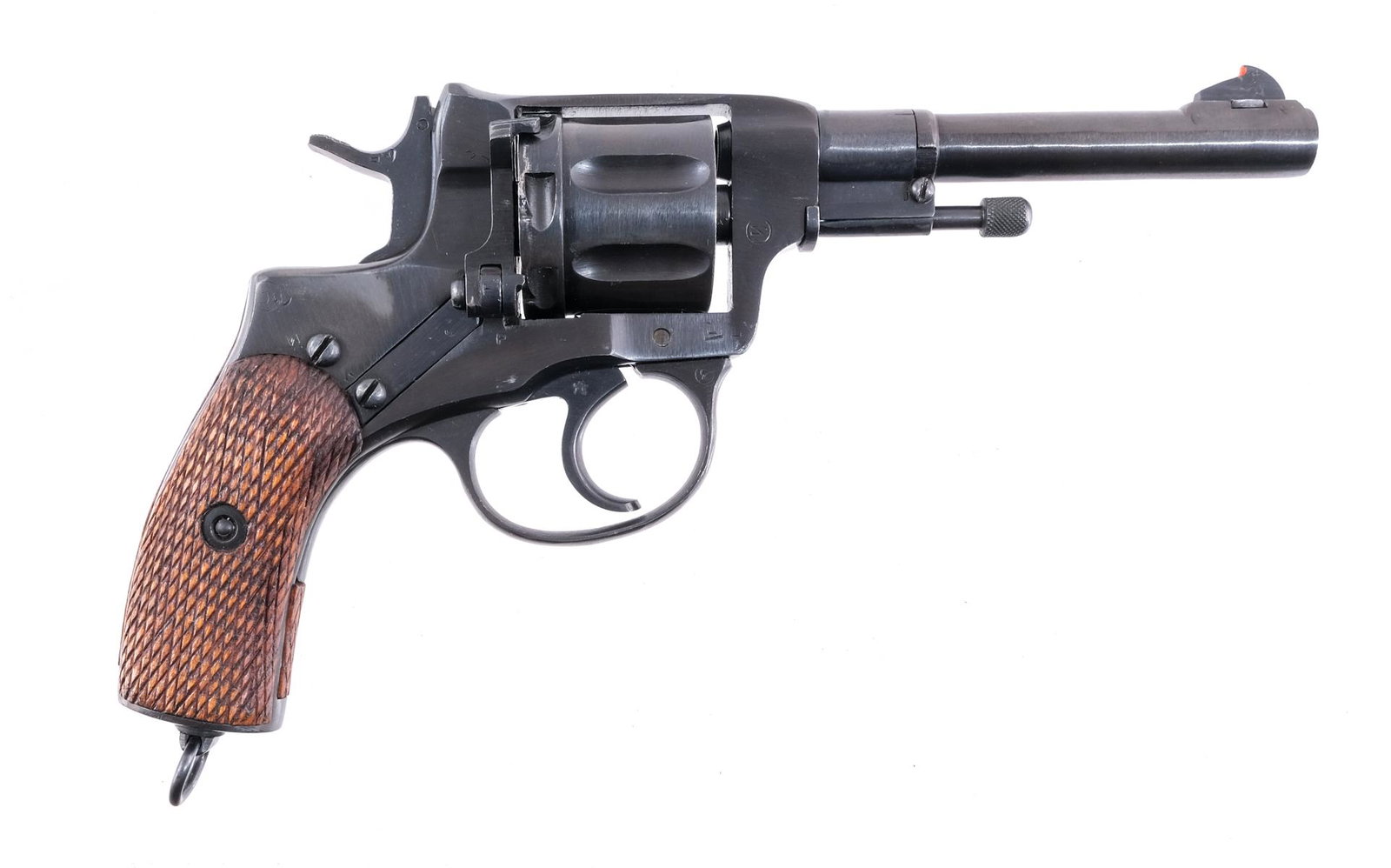 Nagant M1895 Revolver 7.62X38R Revolver: Description Nagant M1895 revolver in 7.62X38R with a seven round cylinder capacity with a 4.5" barrel. Checkered wood grip plates. Blued frame, cylinder, smooth trigger, guard, checkered hammer and ba