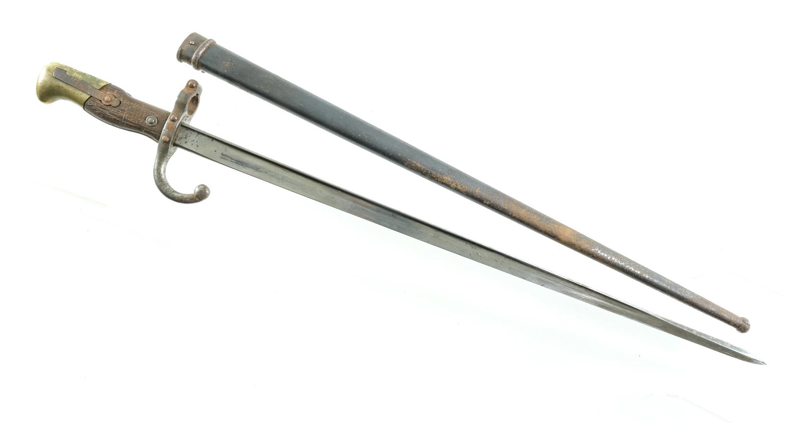 French Gras 1877 Rifle Bayonet: Description French Gras bayonet and metal scabbard marked 1877. This lot is for one bayonet and matching serial numbered scabbard. Condition: Poor with wood damage and metal oxidation. Manufacturer: F