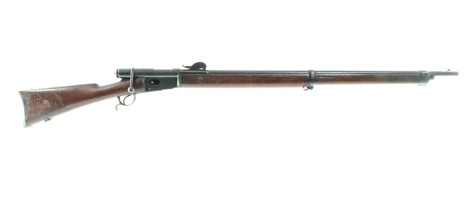 Swiss Vetterli M81 10mm Bolt Action Rifle: Description Swiss Vetterli Model 1881 in 10mm with a twelve round internal magazine tube capacity and a 33" barrel. Metal butt plate. Smooth wood stock and front forend. Blued guard, smooth trigger, r