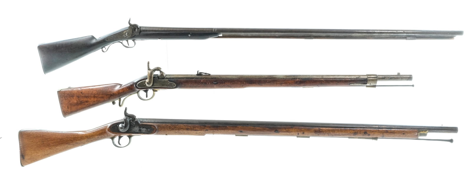 Group of 3 Antique Converted Flintlock muskets: Description This lot is for three Converted flintlock muskets. The first is a R.S. Clark smoothbore musket out of London that has a bore diameter of 16.50mm with a 43" barrel. The second is a Ferd Fru
