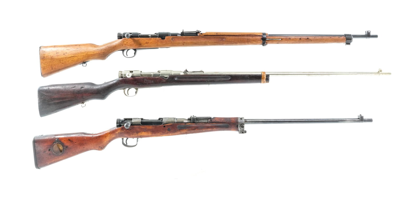 Arisaka Lot 3Pcs Sporterized Bolt Action Rifles: Description This lot is for three assorted Arisaka rifles. The first is a Sporterized Type 38 in 6.5x50mm with a five round capacity and a 31" barrel. Spliced wood stock. Refinished components in silv