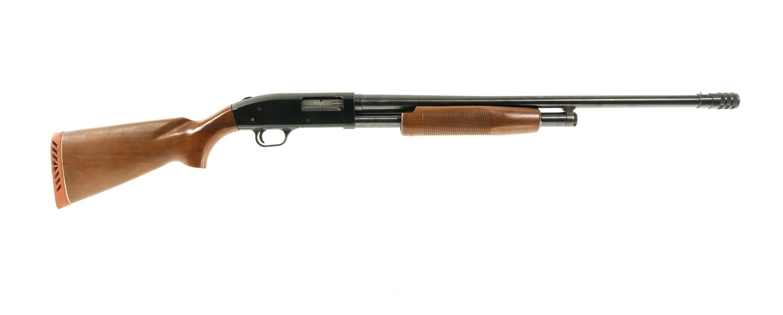 Mossberg 500A 12Ga Pump Action Shotgun: Description Mossberg 500A in 12 gauge with a five round capacity and a 26" barrel with C-LECT-CHOKE selectable choke device. Rubber recoil pad. Smooth wood stock and serrated front foregrip. Black com