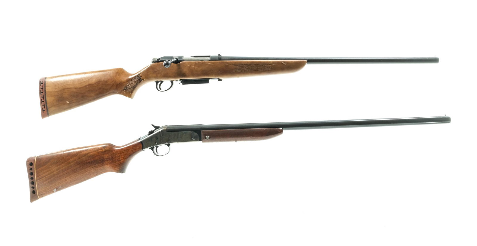 Estate Group of Two Shotguns: Description This lot is for two shotguns. The first is a H&R Topper Model 158 in 12 gauge with a 28" FULL fixed choke barrel. Rubber butt pad. Smooth wood stock and front foregrip. Case colored receiv