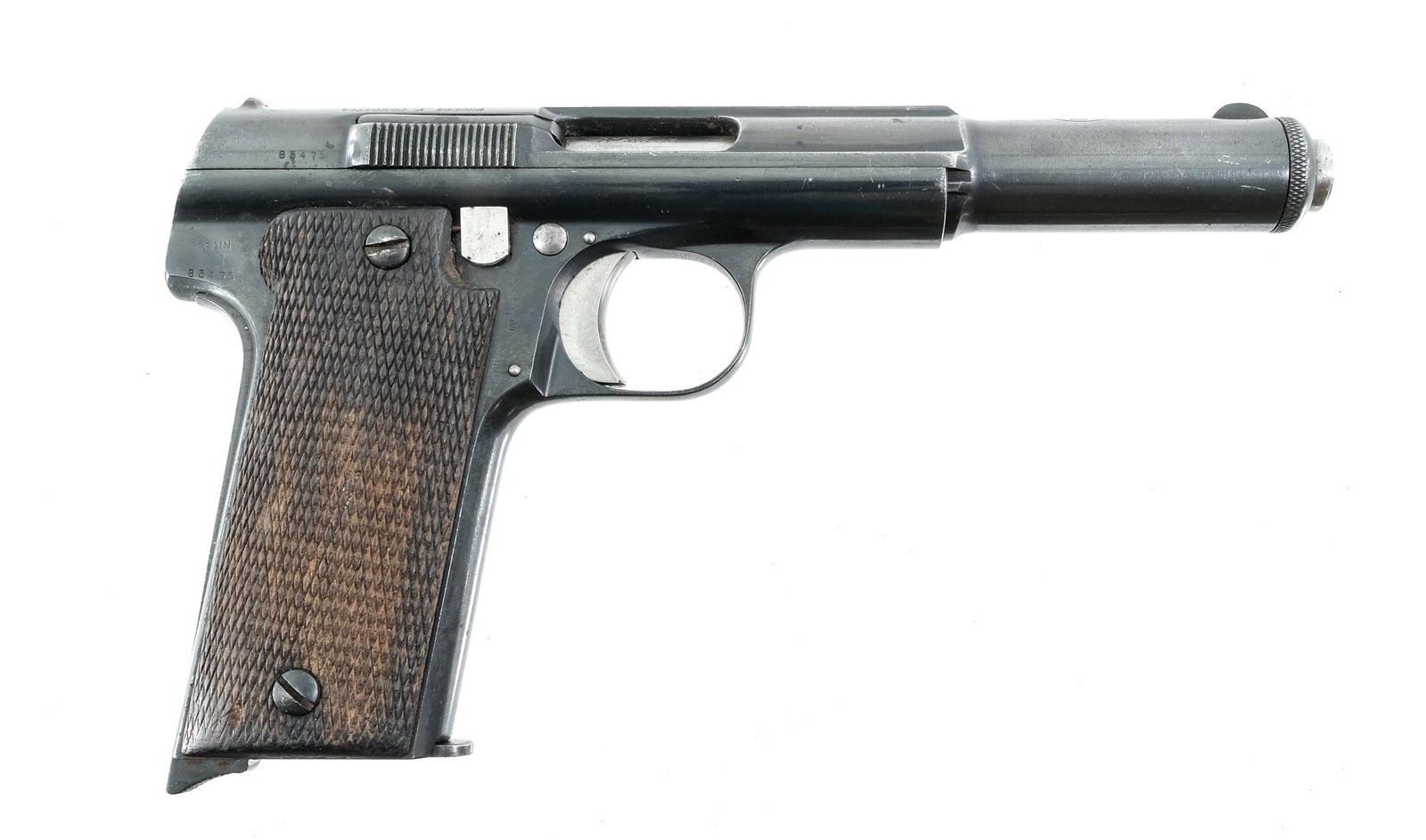 Astra 400 9mm Largo Semi Auto Pistol: Description Astra Model 400 in 9mm Largo with one, eight round removable magazine and a 6" barrel. Made in Spain and Import marked by IAX ALEX VA. Checkered wood grip plates. Blued frame and serrated 