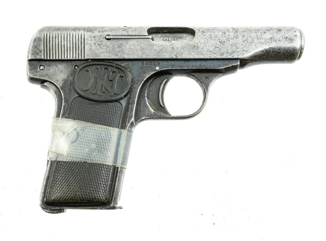 FN Model 1910 .32ACP Semi Auto Pistol: Description FN Model 1910 in .32 ACP with one, seven round removable magazine and a 3.5" barrel. Checkered composite grip plates. Blued frame, smooth solid trigger and serrated slide. Magwell located 