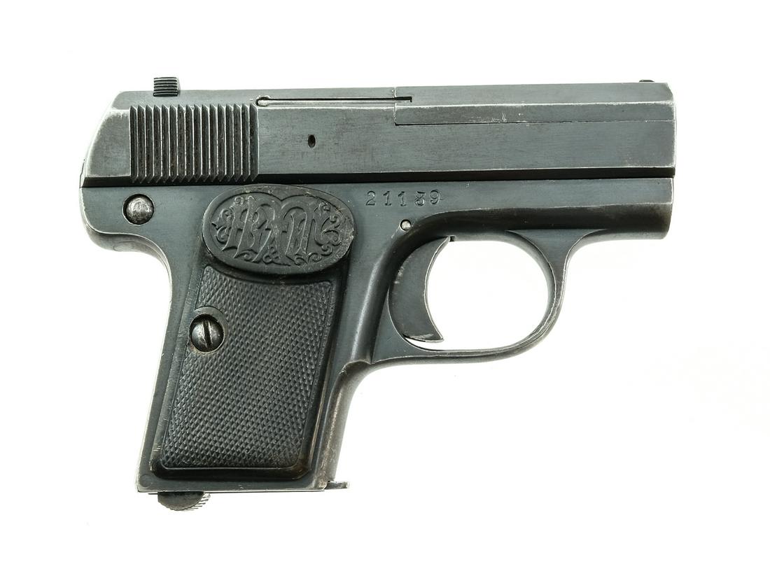 Dreyse Vest Pocket .25ACP Semi Auto Pistol: Description Dreyse Vest Pocket Type II-B in .25 ACP with one, six round removable magazine and a 2" barrel. Checkered composite grip plates. Blued frame, smooth solid trigger, serrated slide and barre
