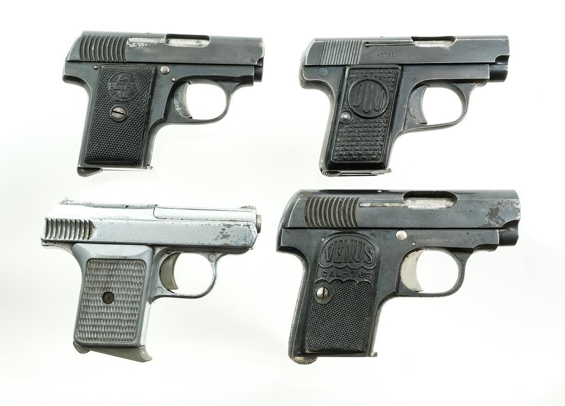 Pocket Pistols .25 .32 ACP 4 Pcs Pistols: Description Four pocket pistols. The first is a Gecado Model 11 in .25 ACP with one, six round removable magazine and a 2 1/4" barrel. Checkered composite grip plates. The second is a Urizar Thomas Mo